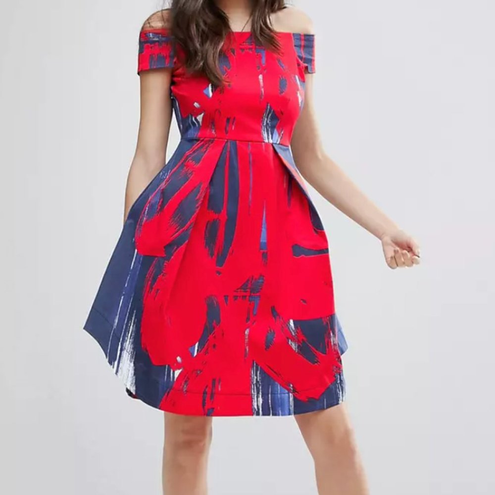 Closet London Bardot Midi Dress in Splash Print - like new